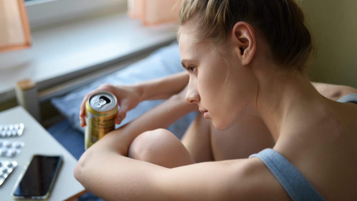 Девушка задумчиво сидит с банкой